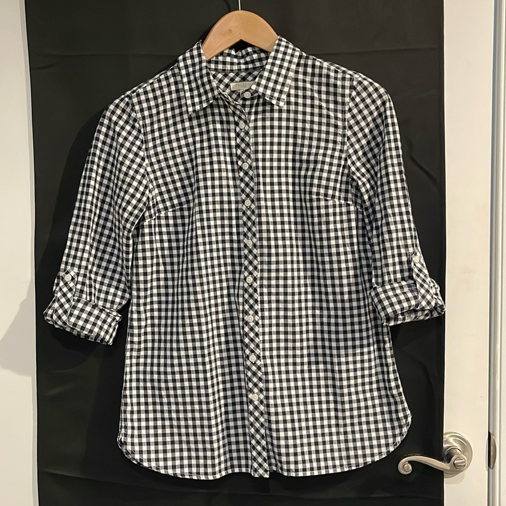 Talbots Petite Gingham Button-Up Shirt Size P – Black & White 100% Cotton Top‎
